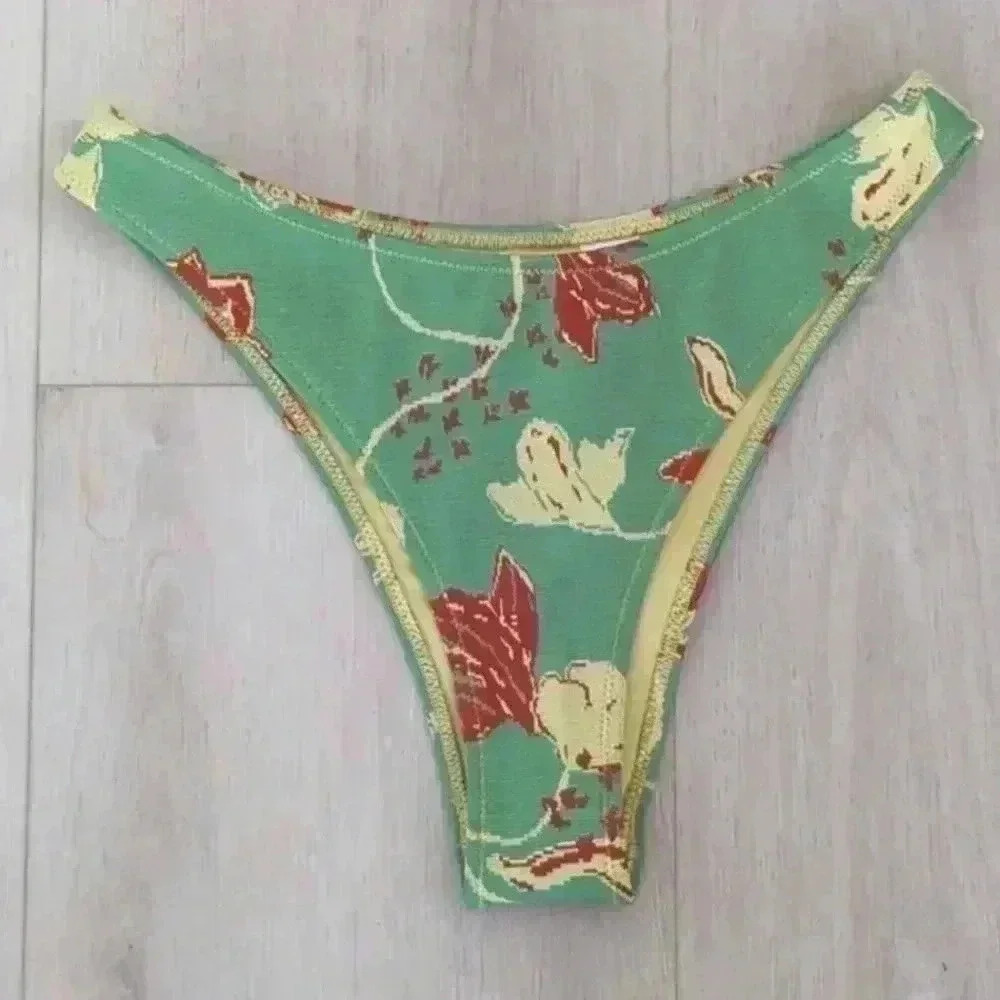AERIE | Women's Green/Brown/Yellow  Floral Cheekiest Textured Bikini Bot…